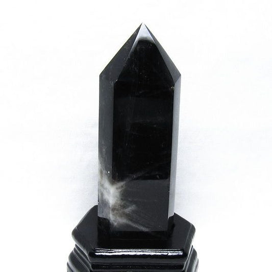 黒水晶 六角柱 モリオン ポイント 置物 一点物 台座付属 152-4335