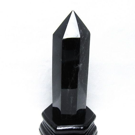 黒水晶 六角柱 モリオン ポイント 置物 一点物 台座付属 152-4336
