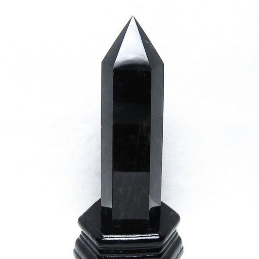黒水晶 六角柱 モリオン ポイント 置物 一点物 台座付属 152-4337