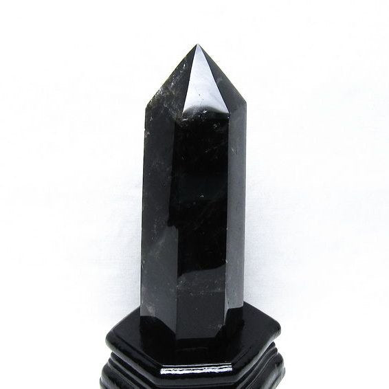 黒水晶 六角柱 モリオン ポイント 置物 一点物 台座付属 152-4339