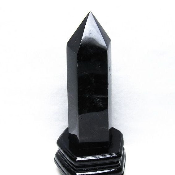 1Kg 黒水晶 六角柱 モリオン ポイント 置物 一点物 台座付属 152-4340