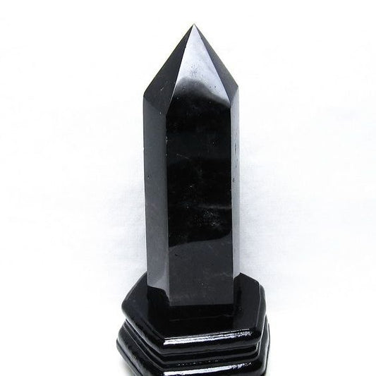 1Kg 黒水晶 六角柱 モリオン ポイント 置物 一点物 台座付属 152-4340