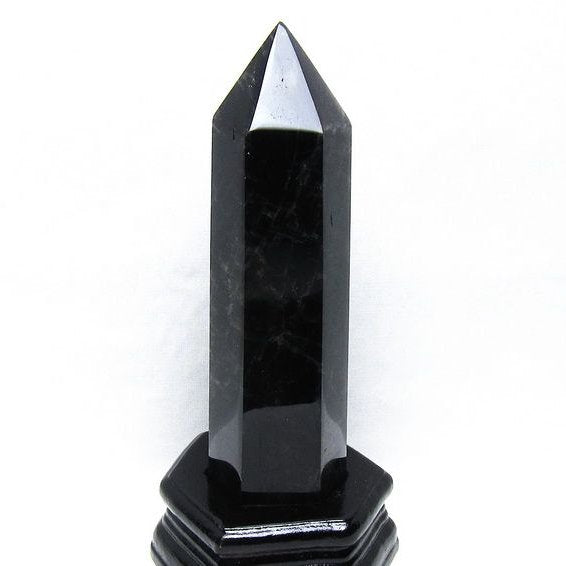 黒水晶 六角柱 モリオン ポイント 置物 一点物 台座付属 152-4341