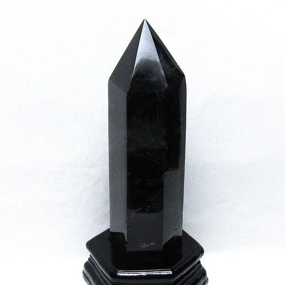 1Kg 黒水晶 六角柱 モリオン ポイント 置物 一点物 台座付属 152-4342