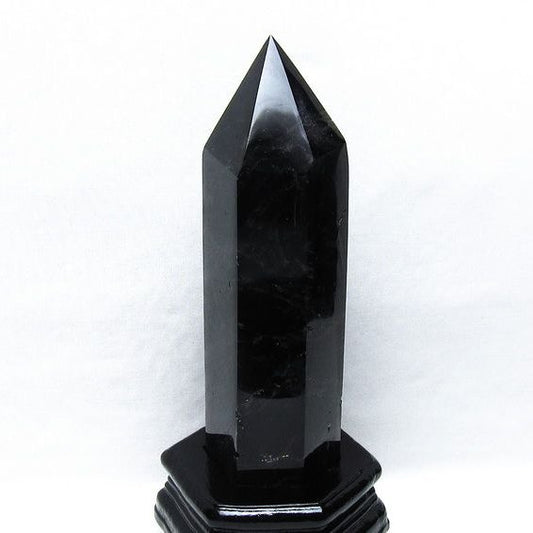 1Kg 黒水晶 六角柱 モリオン ポイント 置物 一点物 台座付属 152-4342