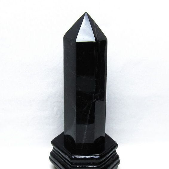 1.2Kg 黒水晶 六角柱 モリオン ポイント 置物 一点物 台座付属 152-4343