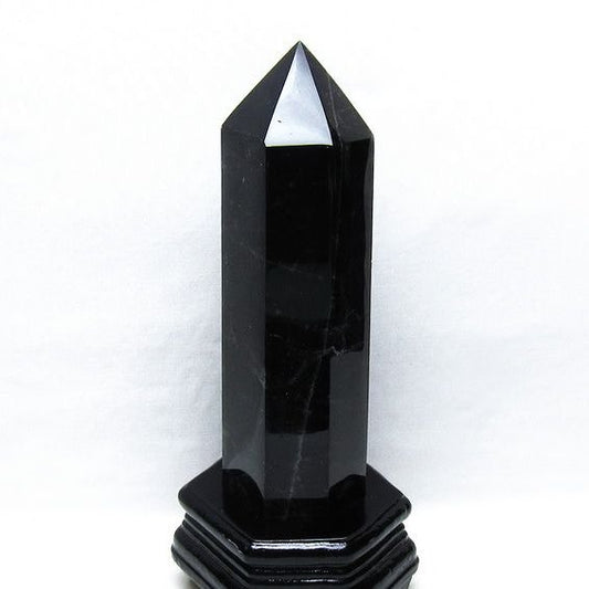 1.2Kg 黒水晶 六角柱 モリオン ポイント 置物 一点物 台座付属 152-4343