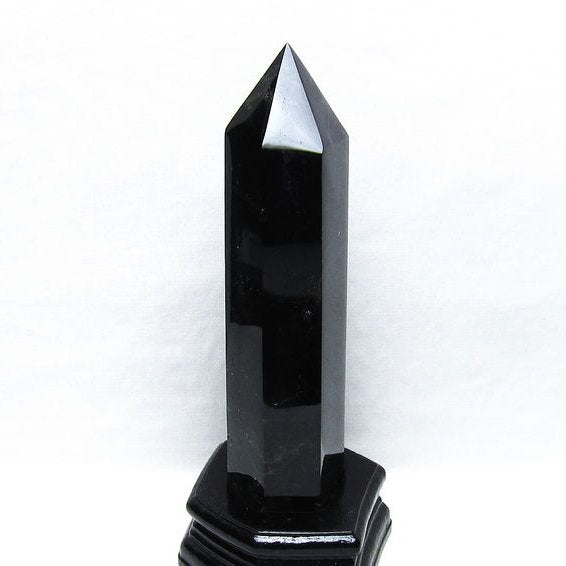 黒水晶 六角柱 モリオン ポイント 置物 一点物 台座付属 152-4344