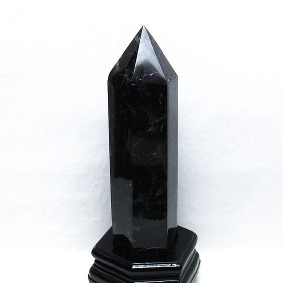 1.3Kg 黒水晶 六角柱 モリオン ポイント 置物 一点物 台座付属 152-4346