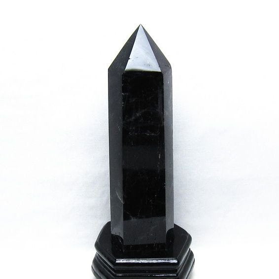 1.6Kg 黒水晶 六角柱 モリオン ポイント 置物 一点物 台座付属 152-4347