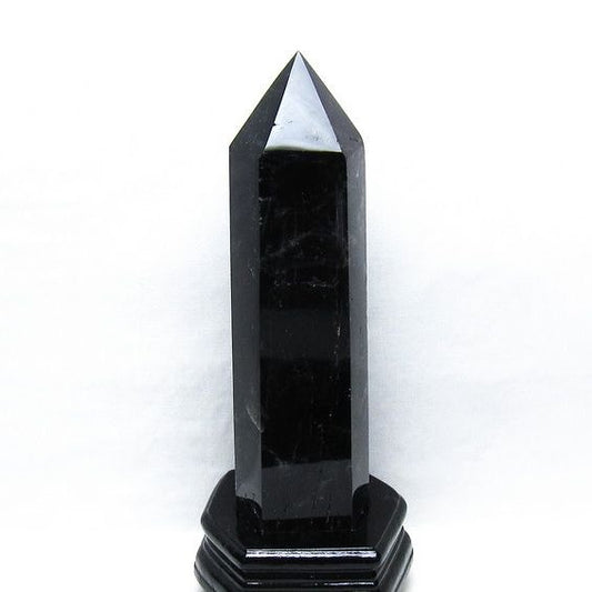 1.6Kg 黒水晶 六角柱 モリオン ポイント 置物 一点物 台座付属 152-4347