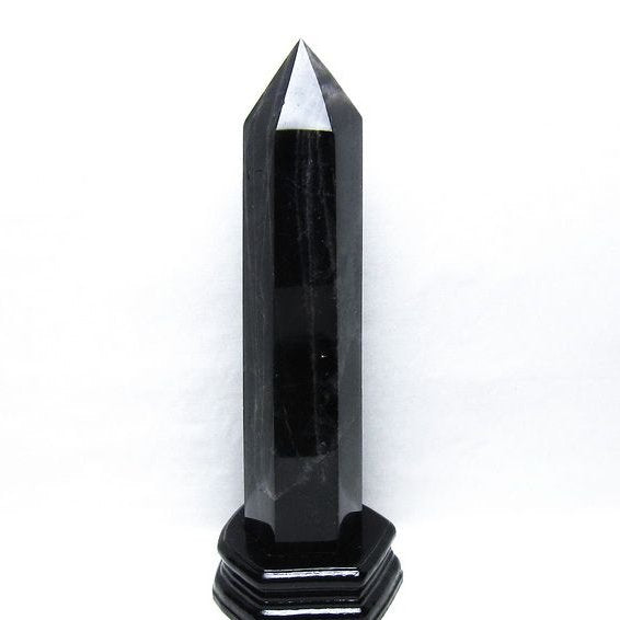 1.6Kg 黒水晶 六角柱 モリオン ポイント 置物 一点物 台座付属 152-4349