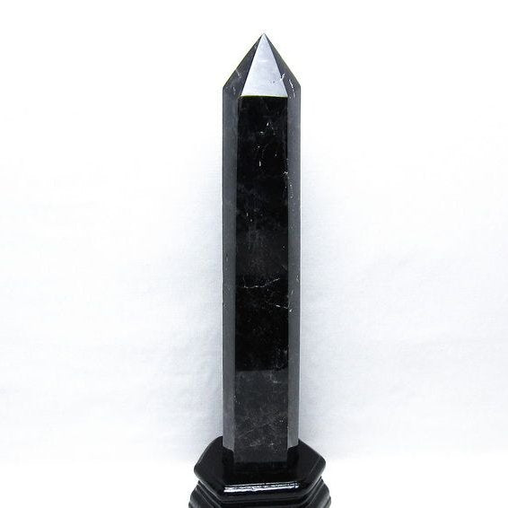 1.1Kg 黒水晶 六角柱 モリオン ポイント 置物 一点物 台座付属 152-4350