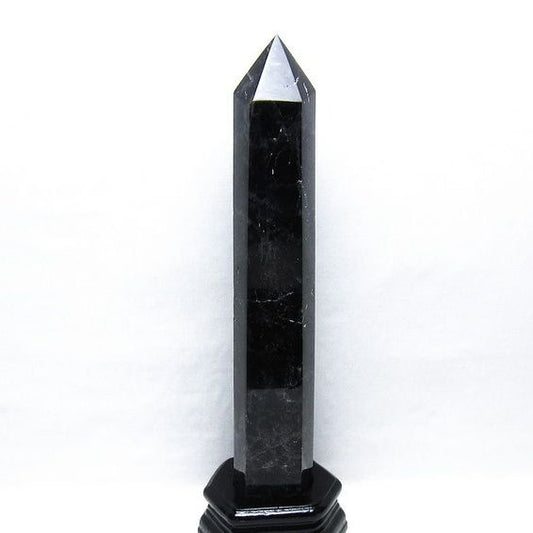 1.1Kg 黒水晶 六角柱 モリオン ポイント 置物 一点物 台座付属 152-4350