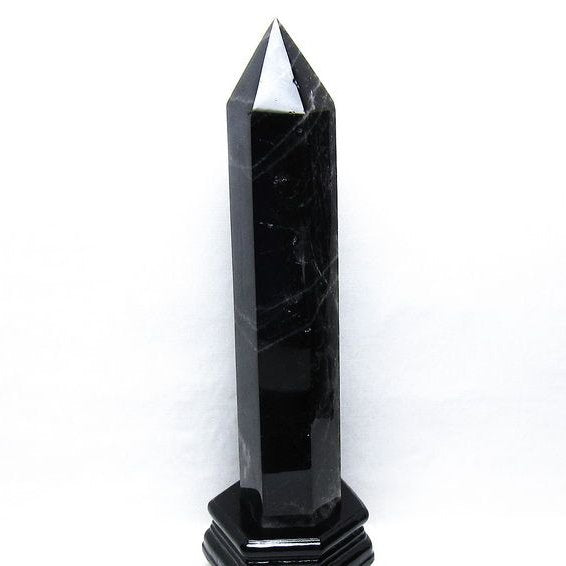 1.8Kg 黒水晶 六角柱 モリオン ポイント 置物 一点物 台座付属 152-4351