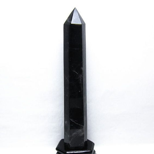 1.6Kg 黒水晶 六角柱 モリオン ポイント 置物 一点物 台座付属 152-4353