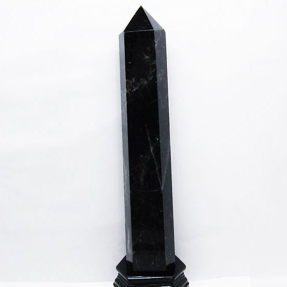 3.4Kg モリオン 黒水晶 六角柱 台座付属 一点物 162-435