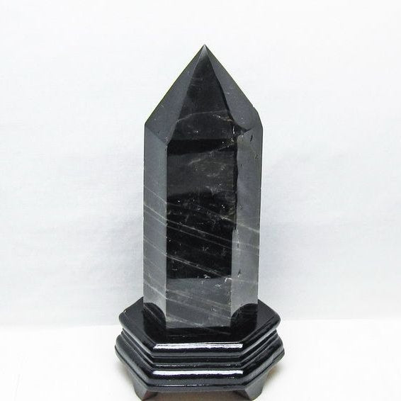 2.1Kg モリオン 六角柱 黒水晶 ポイント 置物 一点物 台座付属 162-442
