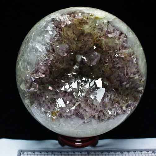 6.5Kg アメジスト 紫水晶 笑口丸玉 Amethyst ブラジル産 ファントム ルチルクォーツ入り 台座付属 送料無料 一点物 161-20